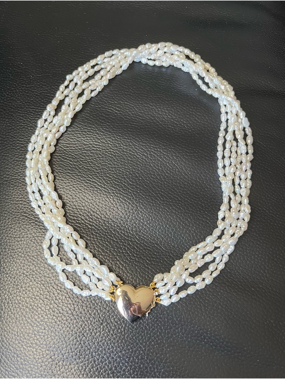 Freshwater Rice Pearl Multi-Strand Necklace with Golden Heart Clasp